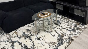 A modern living room with a black sofa, a glass coffee table, a flat-screen TV, and a patterned rug. - Brand new basement suite with private entrance, 3-5 minutes to market and parks (Saskatoon)