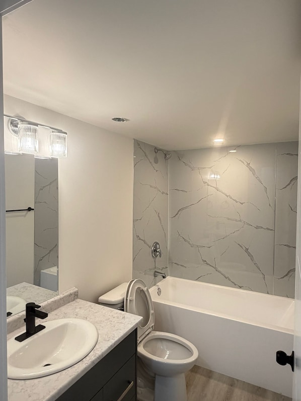 Hair dryer, bidet, towels, soap