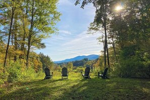 Filas de sillas Adirondack en un entorno natural, con árboles y una cadena montañosa a lo lejos.