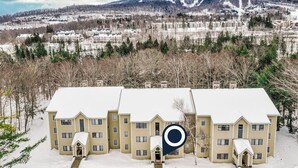 Un edificio de varios pisos con techo nevado, rodeado de zona boscosa y una montaña al fondo.