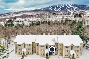 A multi-story building with a snow-covered roof, surrounded by a forested area and a mountain in the background. - Mountain-view condo with private balcony, fireplace, & updated interior (Stratton)