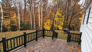 A wooden deck with a black railing, surrounded by trees with autumn foliage. -  3-bedroom house in tranquil Millinocket (Millinocket)