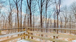 A wooden deck with a railing, surrounded by leafless trees and a snow-covered ground. - Classic Vermont cabin with forest views, pools, hot tub & gym (Wilmington)