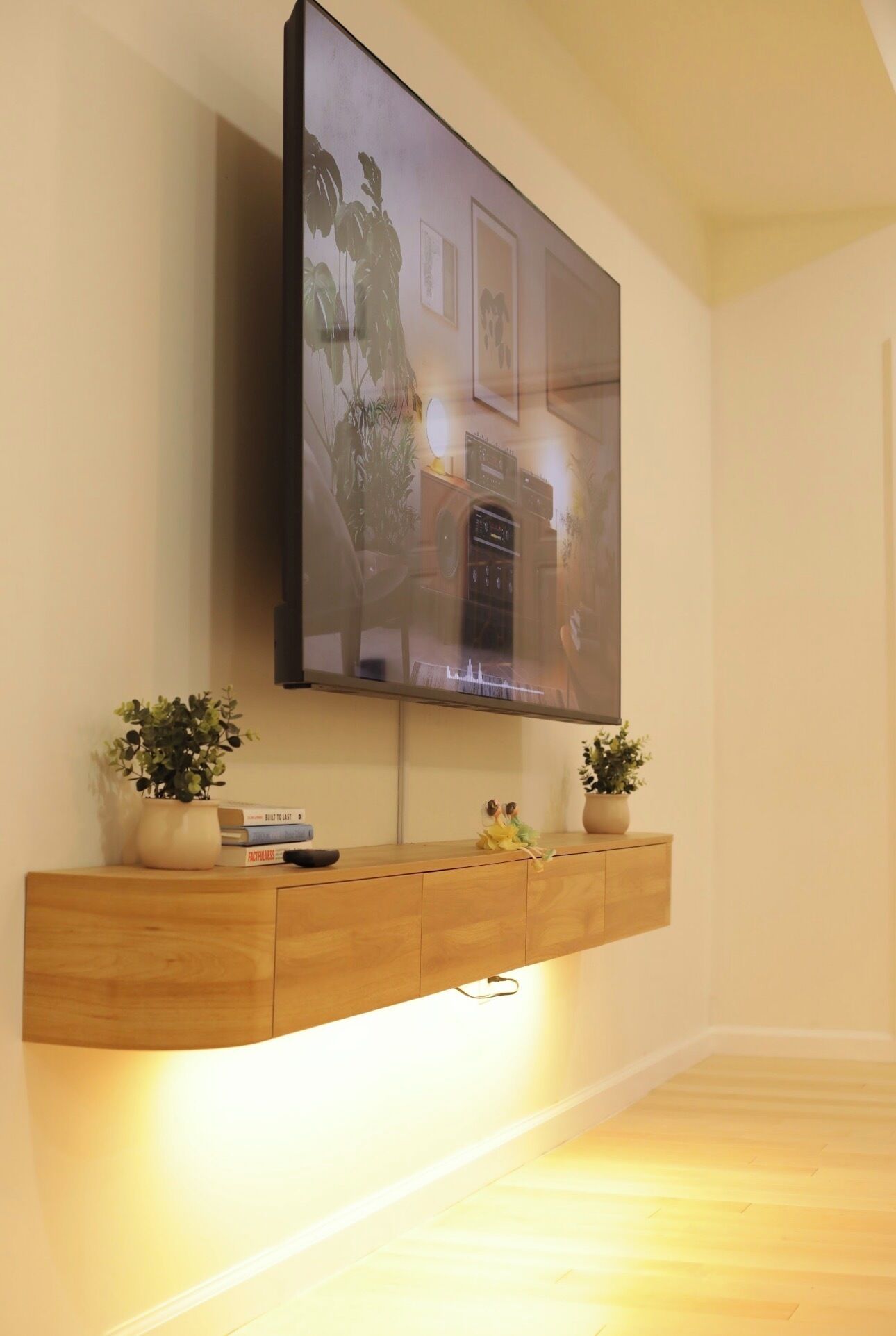 A flat-screen TV mounted on a wooden console with two potted plants, a remote control, and a few books.