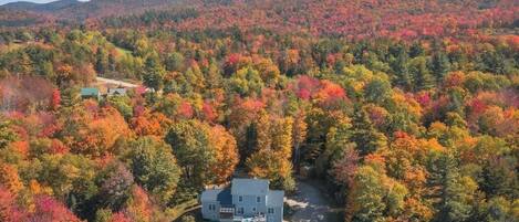 A large house surrounded by a forest with autumn foliage.