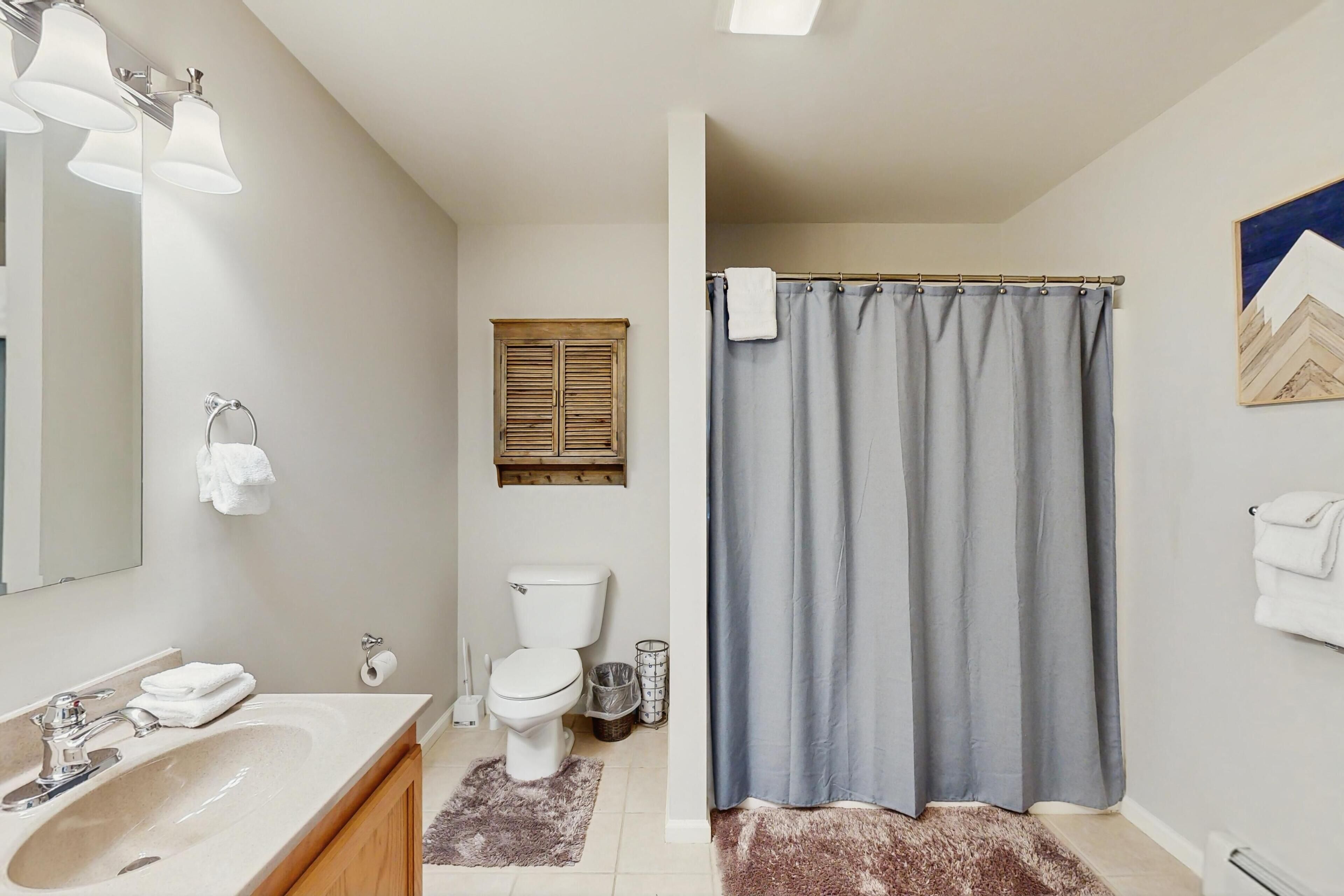 A bathroom with a sink, toilet, and shower curtain.