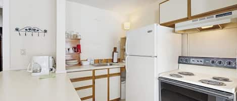 Fridge, oven, stovetop, coffee/tea maker
