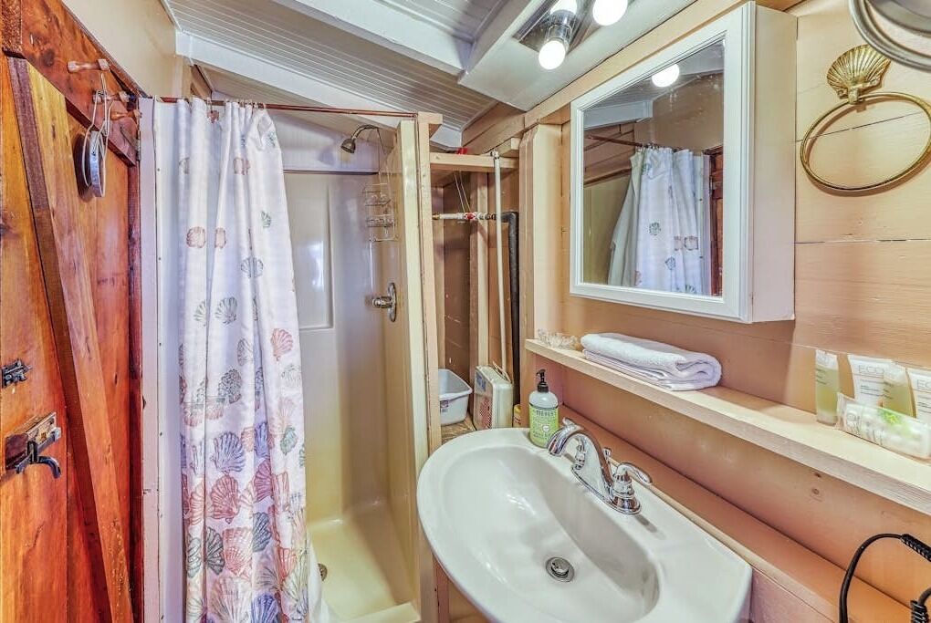 Une salle de bain équipée d’une douche, d’un lavabo, d’un miroir et d’un porte-serviettes.