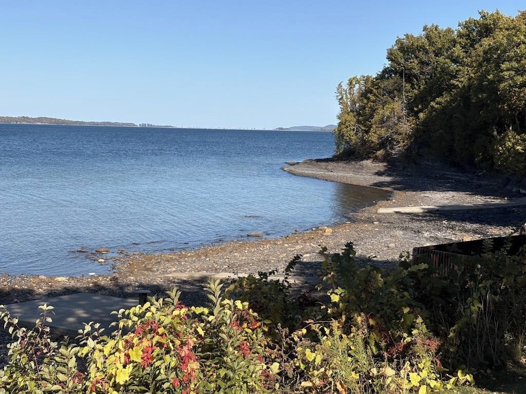 Un paysage côtier offrant une vue dégagée sur la mer, une plage de sable et une végétation luxuriante.