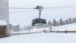 A cable car labeled 'Jay Peak' suspended by cables.