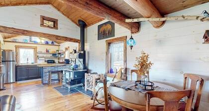 Renovated historic cabin with mountain views, lake access, & electric fireplace