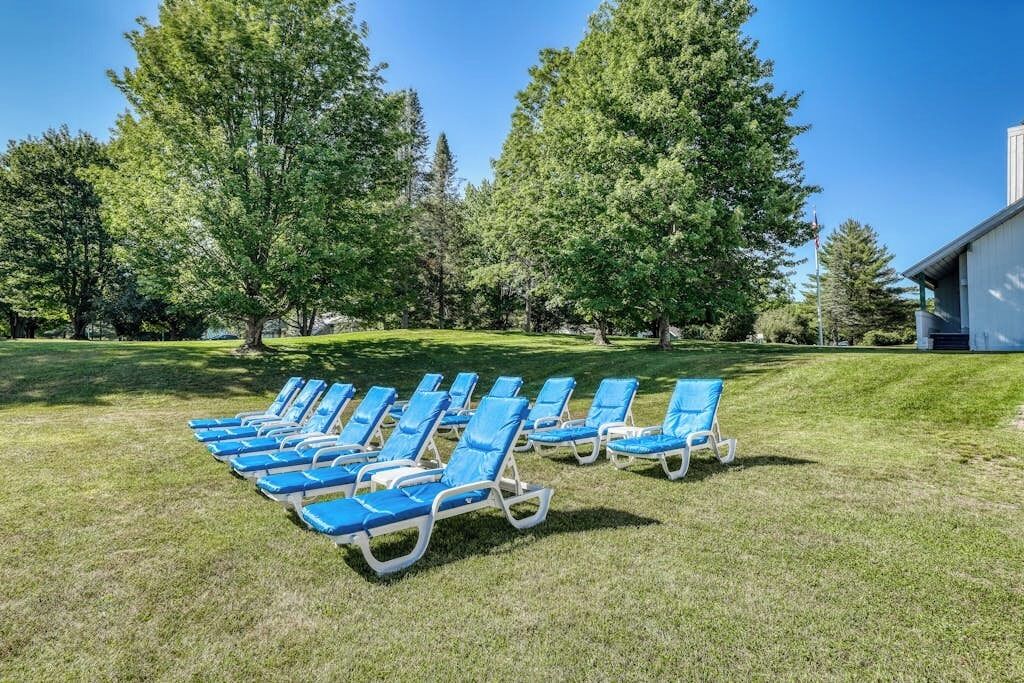 A row of blue lounge chairs on a grassy lawn with trees in the background.