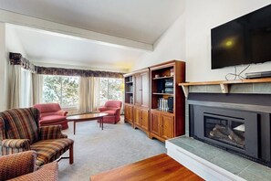 Ein Wohnzimmer mit Kamin, Fernseher und Bücherregal.