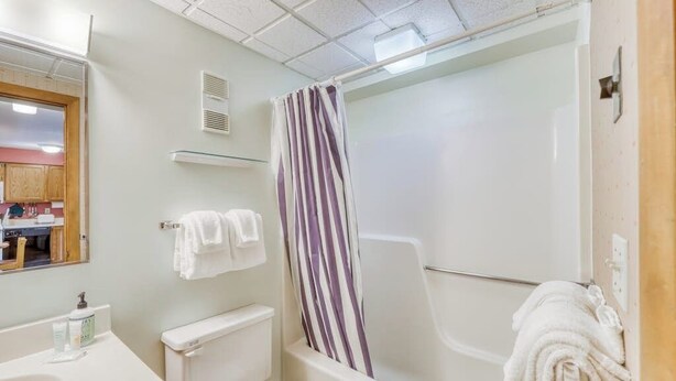 Une salle de bain avec une baignoire, des toilettes, un lavabo et un miroir.
