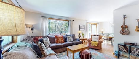 TV, fireplace, DVD player, books