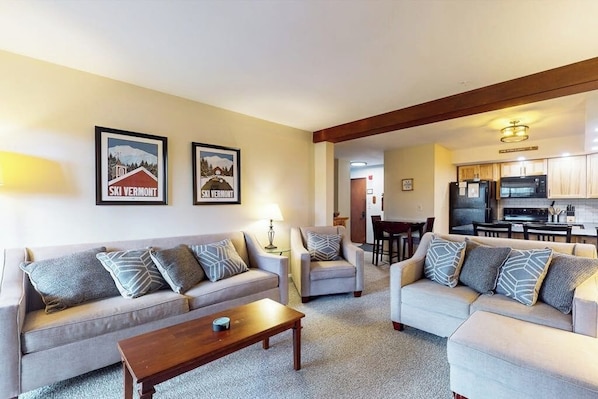 TV, fireplace, DVD player, books