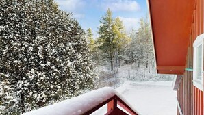 A balcony with a red railing overlooking a snowy landscape with trees. - Comfortable condo w/ mountain & ski views, central a/c, shared patio & BBQ (Waitsfield)