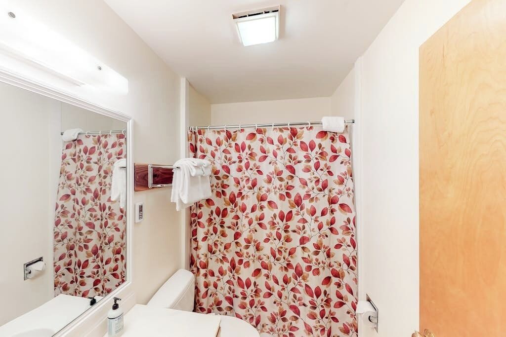 Une salle de bain avec un rideau de douche, un miroir et des toilettes.