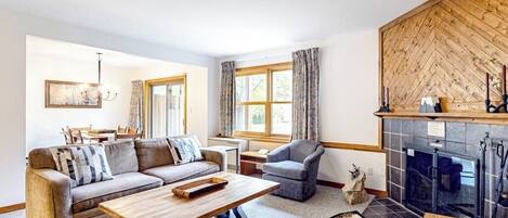 TV, fireplace, books