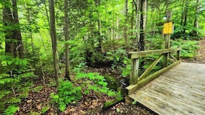 A wooden bridge leading into a forested area with a yellow sign on a post. - Trail Creek 33 | Condo in Killington (Killington)