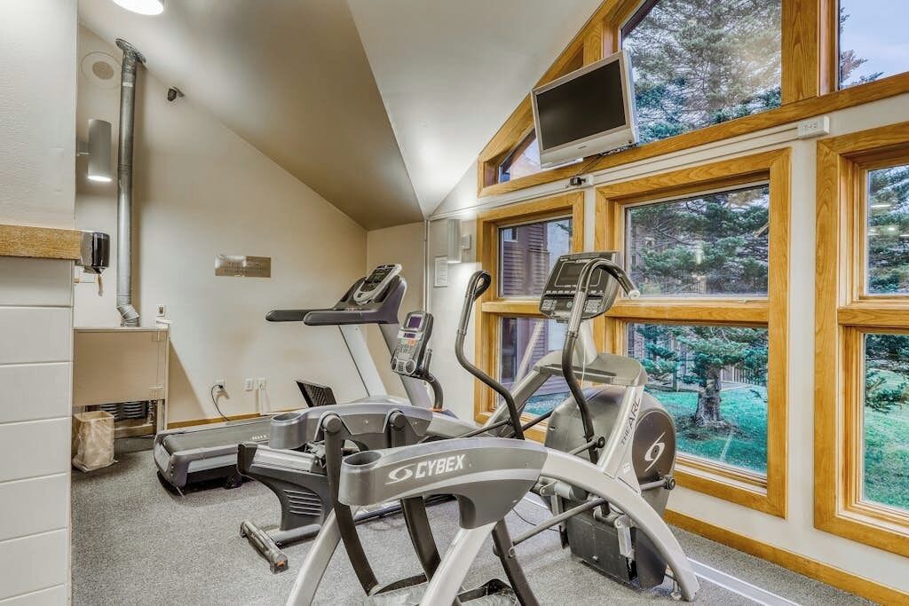 A gym with treadmills and a stationary bike, large windows, and a TV.