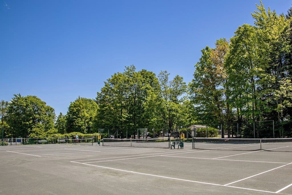 Un campo da tennis all'aperto con rete, circondato da alberi e una recinzione.