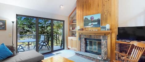 TV, fireplace, books