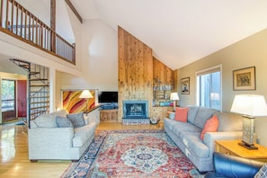 TV, fireplace, DVD player, books