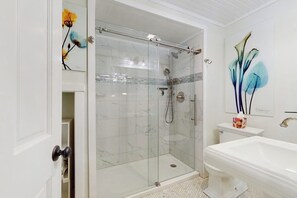 Shower, hair dryer, towels
