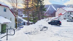 Un quartier résidentiel avec des maisons recouvertes de neige, une voiture et un grand tas de neige.