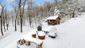 Una cabana amb un teulat cobert de neu, envoltada d'un bosc nevós.