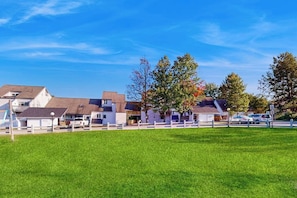 Ein Wohngebiet mit Häusern, einer grünen Wiese und blauem Himmel.