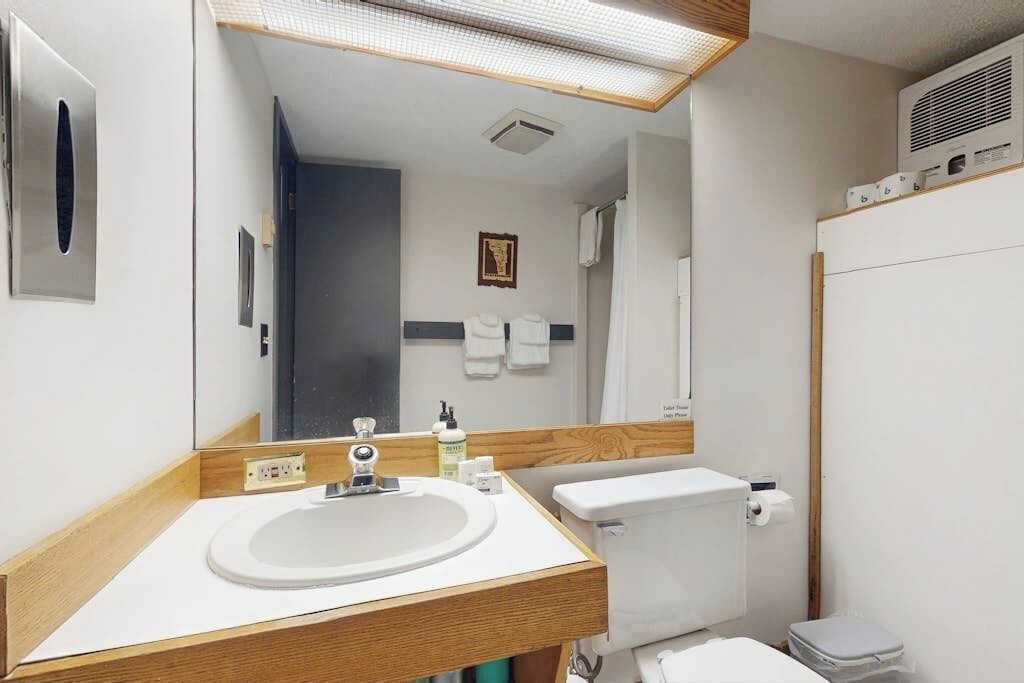 A bathroom with a wooden vanity, a sink, a toilet, and a mirror.