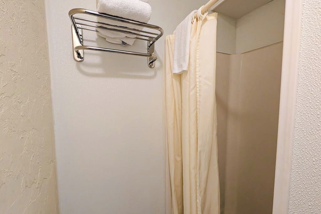 Shower, hair dryer, towels