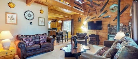 Televisión, chimenea y libros