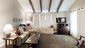 A living room with a sofa, a coffee table, a TV, and a cabinet. - Dog-friendly studio with mountain views - near lakes, golf, ski area (Pagosa Springs)