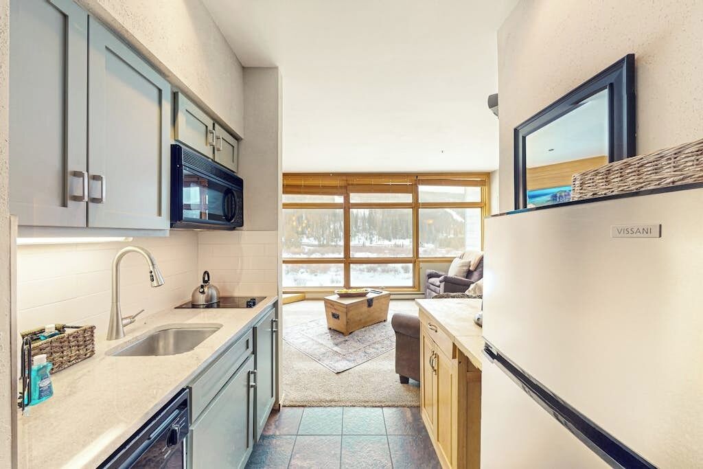 Cocina compacta con microondas, lavamanos y armarios, una ventana con vista a un paisaje nevado y un letrero VISSANI en la pared.