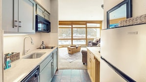Una cucina compatta con forno a microonde, lavandino e pensili, una finestra con vista su un paesaggio innevato, e un cartello VISSANI al muro.