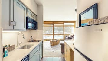 Cocina compacta con microondas, lavamanos y armarios, una ventana con vista a un paisaje nevado y un letrero VISSANI en la pared.