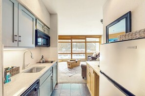 Eine kleine Küche mit Mikrowelle, Spüle und Schränken, ein Fenster mit Blick auf eine verschneite Landschaft und ein VISSANI-Schild an der Wand.