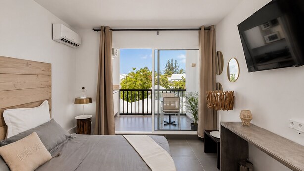 A bedroom with a bed, a desk, a TV, a balcony with a chair, and a potted plant.
