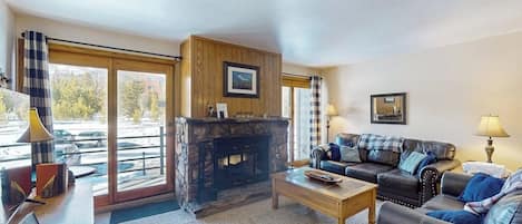 TV, fireplace, DVD player, books