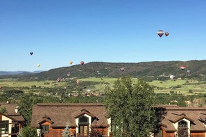Ein Wohngebiet mit Häusern, blauem Himmel und Heißluftballons in der Ferne.