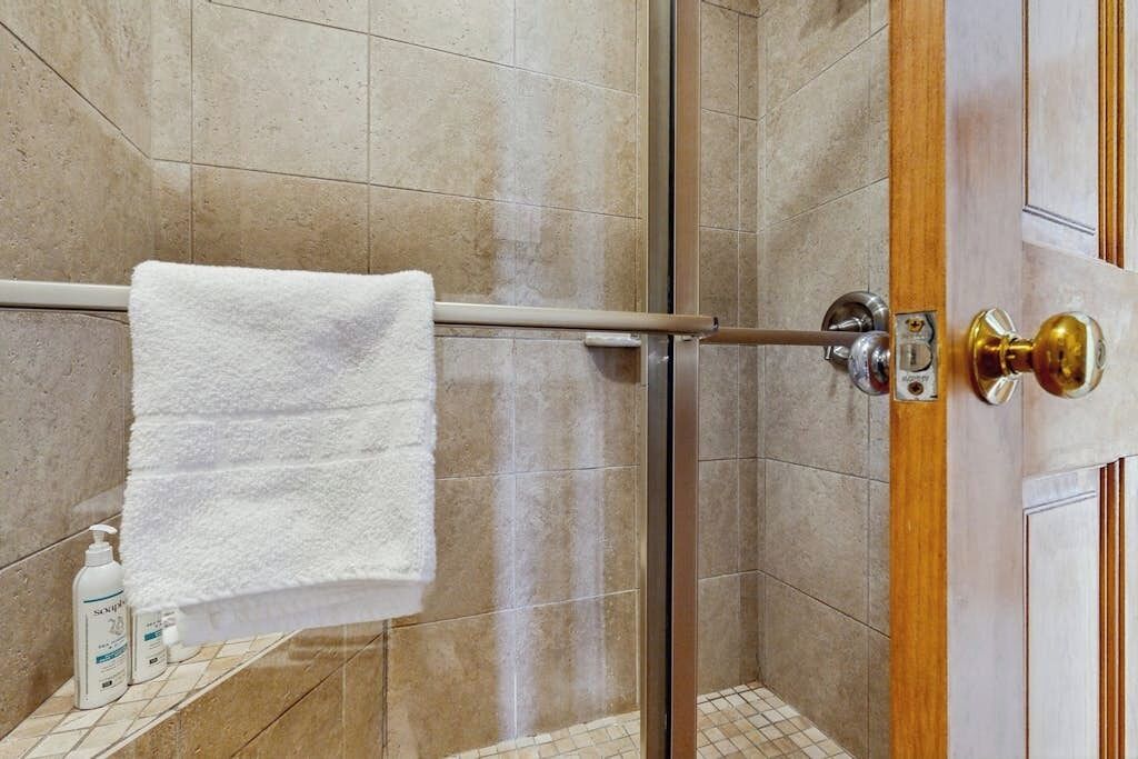 Un espace douche doté d’une porte en verre, un porte-serviettes avec une serviette blanche, et des articles de toilette posés sur le sol.