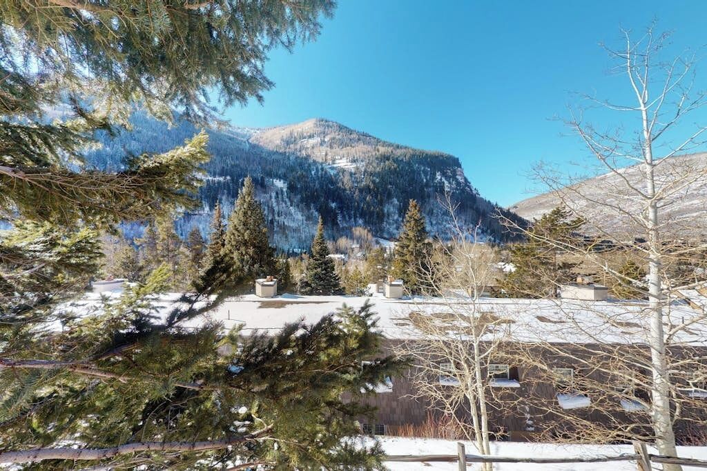 A mountainous landscape with snow-covered ground and trees.