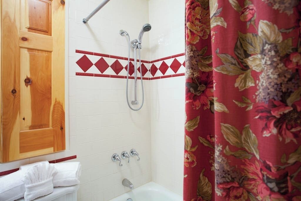 A bathroom with a shower, a bathtub, and a wooden door.