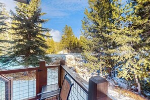 Eine Holzterrasse mit Metallgeländer, die auf einen verschneiten Wald blickt.