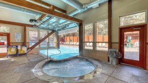 Un espace avec un jacuzzi doté d’un toit en verre, une piscine et un escalier en bois.