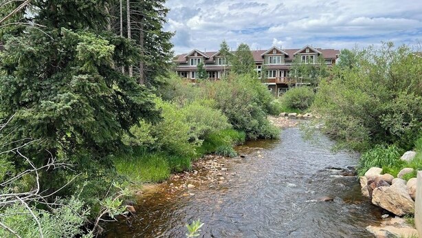 Un río fluye a través de una zona boscosa con un edificio de varios pisos al fondo.