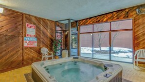 Ein Wellnessbereich mit Whirlpool, Holzwänden und einem großen Fenster.